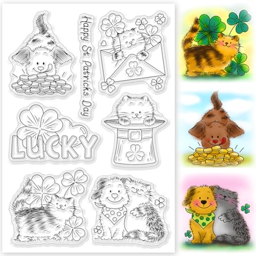 BEUNITONE Happy St. Patrick's Day Clear Stamps Lucky Clover Silikon Clear Stamp niedliche Katze Hund Transparent Stamps für St. Patrick Day Karte machen DIY Schrott buchen Fotoalbum Dekoration von BEUNITONE