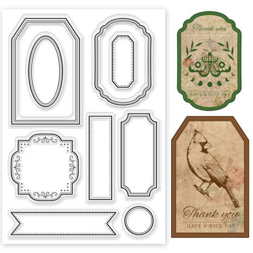 BEUNITONE Label Clear Stamp Rahmenstempel Für Die Kartenherstellung Tag-Silikonstempel Zum Basteln Vintage Transparente Siegel-Stempel Für DIY-Scrapbooking-Fotoalben Feiertags-Geburtstagskarten von BEUNITONE