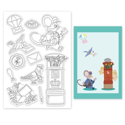 BEUNITONE Post Clear Stamps Für Die Kartengestaltung Tierische Briefträger-Silikonstempel Transparente Briefkasten-Stempel Zum Basteln Transparente Ballonblumen-Stempel Für Scrapbooking Journalismus von BEUNITONE