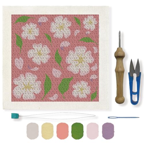 BEUNITONE Punch Needle-Sets Rahmen Quadratisches Kirschblüten-Stickset Verstellbares Blumen-Teppich-Garn-Haken-Starter-Set Mit Anleitung Stanznadel-Stoff DIY-Handwerk Geschenk Für Heimdekoration von BEUNITONE