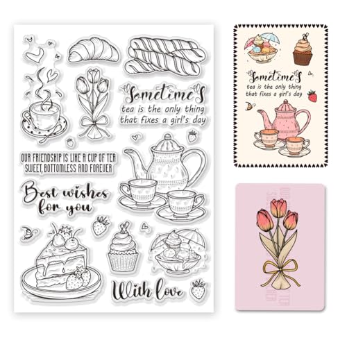 BEUNITONE Teekanne Teetasse Klare Stempel Zum Selbermachen Blumen Brot Dessert Eiscreme Wörter Transparentes Silikonstempelsiegel Zum Kartenmachen Dekoration Party Gummistempel Zum Basteln DIY von BEUNITONE