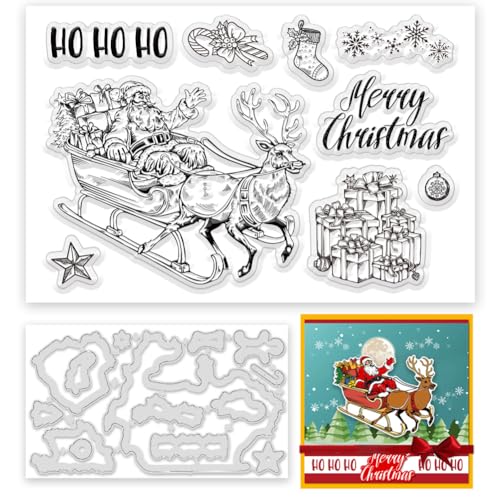 BEUNITONE Transparente Stempel mit Aufschrift "Merry Christmas", für Kartenherstellung, Weihnachtsmotive, Elch, Pulled The Sleigh, transparent, Schneeflocke, Geschenke, Hirsch, Elch, Gummi, von BEUNITONE