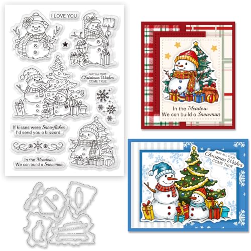 BEUNITONE Transparente Weihnachtsstempel und Stanzschablonen-Set für Kartenherstellung, Winter-Schneemann, transparente Silikonstempel, Stanzformen für Dekoration, DIY, Scrapbooking, transparentes von BEUNITONE