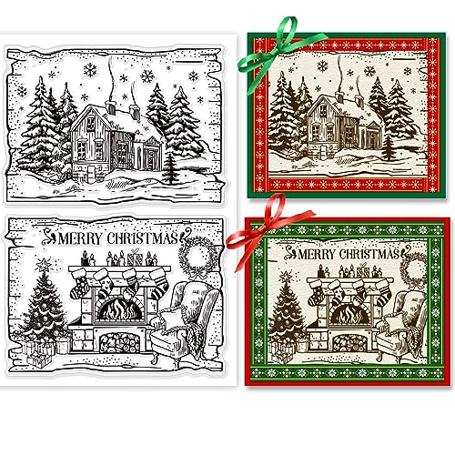 BEUNITONE Weihnachtshaus-Silikon-Stempel Winterwaldhaus Transparenter Gummistempel Weihnachtshintergrund-Stempel Frohe Weihnachten-Stempel Weihnachtsbaum-Stempel Für Kartenherstellung von BEUNITONE