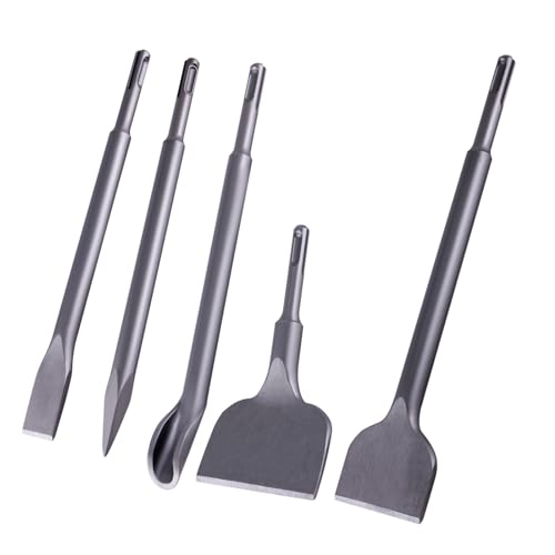 BEVDICNC Fliesenmeissel Set 5tlg Meißel Set für SDS Plus,250mm Fliesenmeißel, Breitmeißel, Flachmeißel, Spitzmeißel und U-Form Meißel für Fliesenmauerwerk, Mauerwerk,Granit,Fliesenmeissel Set von BEVDICNC