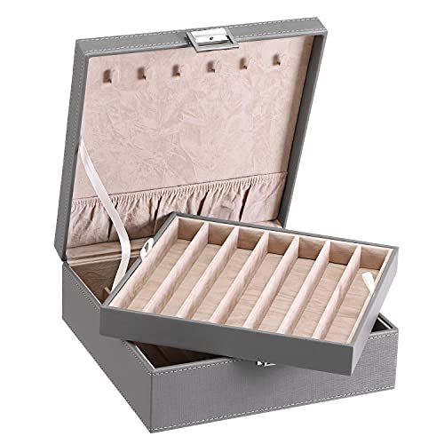 BEWISHOME Halsketten-Organizer-Box, Halsketten-Aufbewahrungs-Organizer für Ketten, Armbänder – 12 Fächer (7 normale + 5 große), 2 Schichten – Schmuckschatulle für Frauen und Mädchen, grau SSH31H von BEWISHOME