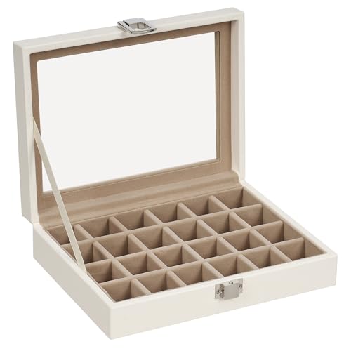 BEWISHOME Ohrring-Organizer-Box, 24 Fächer, Ohrringhalter, Organizer für Mädchen und Frauen, Geschenke, Schmuckschatulle für Ohrringe, Vitrine, Aufbewahrungsbox mit transparenter Glasplatte, Weiß von BEWISHOME