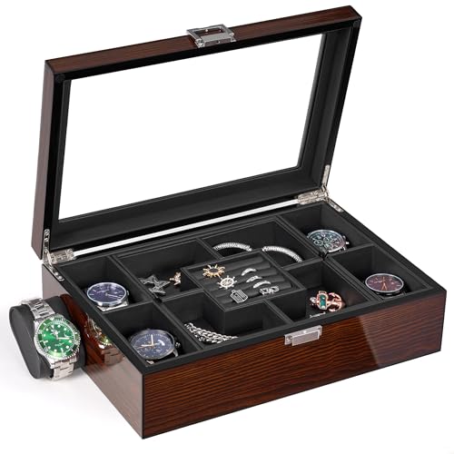 BEWISHOME Schmuckkästchen für Herren, Herren-Schmuckschatulle mit Glasplatte, Uhrenbox aus Holz mit glatter Kunstleder-Innenseite, Schmuckvitrine für Ohrringe, Ringe, Armbänder, Uhren, Braun SSH07Y von BEWISHOME