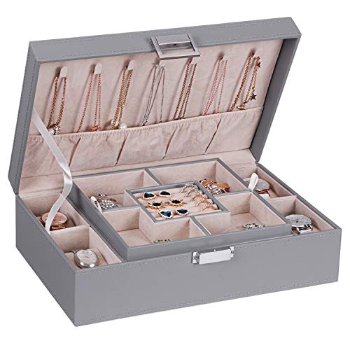 BEWISHOME Schmuckschatulle Organizer mit 4 Uhrengehäusen, abnehmbares Tablett, Uhren-Schmuckkästchen, Organizer für Damen und Herren, Samt-Schmuckschatullen für Ohrringe, Ring, PU-Leder, grau SSH07H von BEWISHOME