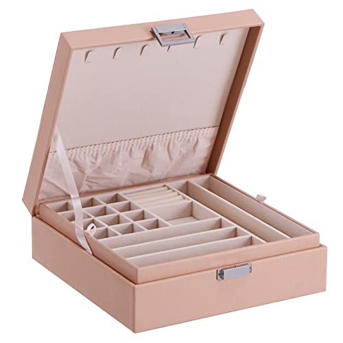 BEWISHOME Schmuckschatulle für Mädchen, 35 Fächer, Schmuck-Organizer, 6 Halsketten-Haken, 2 Schichten – Schmuckschatullen, Vitrinen, Schmuckhalter für Mädchen, Rosa SSH71F von BEWISHOME