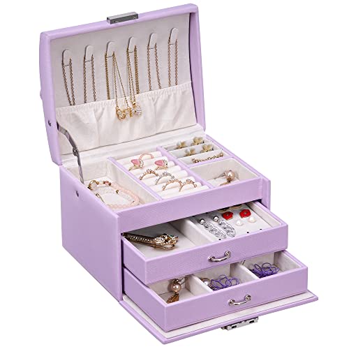 BEWISHOME Schmuckschatulle für Teenager-Mädchen, 3-lagige Schmuck-Organizer-Box mit Schloss, Schmuck-Reiseetui für Frauen und Mädchen, PU-Leder-Schmuckschatulle für Ohrringe, Ringe, Lila, SSH88P von BEWISHOME