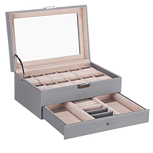 BEWISHOME Uhrenbox Organizer mit Schublade – Echtglasplatte, verstellbares Tablett, Metallscharnier – 12 Fächer, Uhrengehäuse, Schmuckschatulle für Damen und Herren, grau SSH02H von BEWISHOME