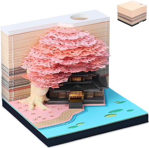 Schreibtisch Kalender mit Lichtern, 2024 Schreibtisch Kalender 3D Memo Pad Papier Kunst Kreative 3D Notizblock Papier Schnitzen Geschenk für Home Büro Desktop Dekoration (Rosa Sakura Baumhaus) von BEXTOL