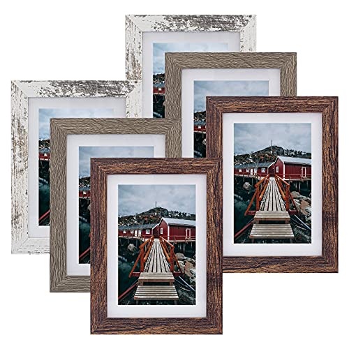 BEYAHELA Bilderrahmen 13x18 cm 6er Set,Rustikal Holz Bilderrahmen,mit Passepartout 10x15cm A6 Bilderrahmen,HD-Glas MDF Holz Rahmen,Posterrahmen,zum Aufhängen&Aufstellen,für Fotos, Poster, Puzzles von BEYAHELA