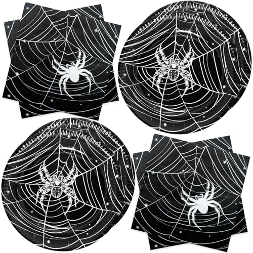 BFB Halloween Pappteller Set 40 Stück Schwarz Spinnennetz Papierteller Servietten Partygeschirr Set Tischdekoration Geschirrdekoration von BFB