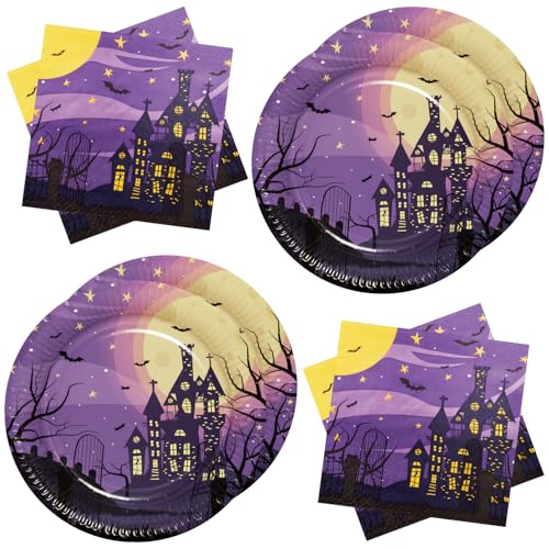 BFB Halloween Pappteller Set 40 Stück Spukhaus Papierteller Servietten Partygeschirr Set Tischdekoration Geschirrdekoration, Lila von BFB