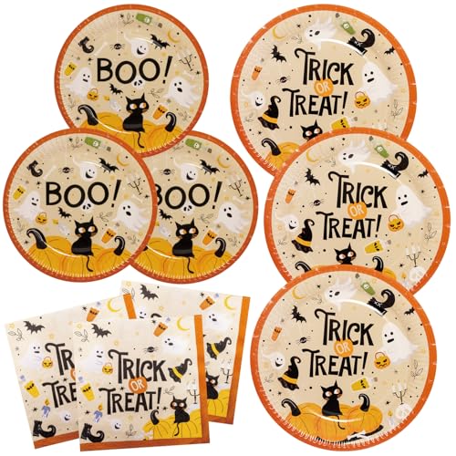 BFB Halloween Pappteller Set 48 Stück Süßes oder Saures Dessertteller und Papierteller Servietten Partygeschirr Set Tischdekoration Geschirrdekoration von BFB