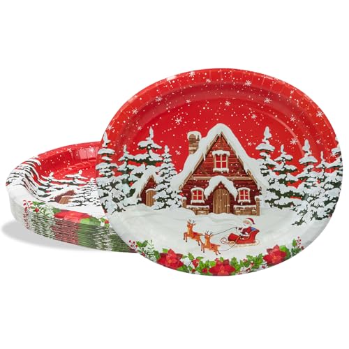 BFB Weihnachten Ovale Pappteller Set 24 Stück Winterhaus Rot Papierteller 32 x 27cm Partygeschirr Tischdekoration Geschirrdekoration Rot von BFB