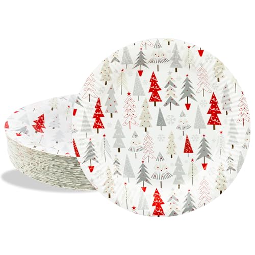 BFB Weihnachten Pappteller Set 23cm Partyteller 50 Stück Weiß Weihnachtsbäumen Papierteller Weihnachtsfeier Tischdekoration, Geschirrdekoration von BFB