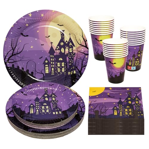 Halloween Spukhaus Pappteller, Servietten, Pappbecher, Dessertteller Set 96 Stück Partygeschirr Set Tischdekoration Geschirrdekoration for Halloween, Lila von BFB