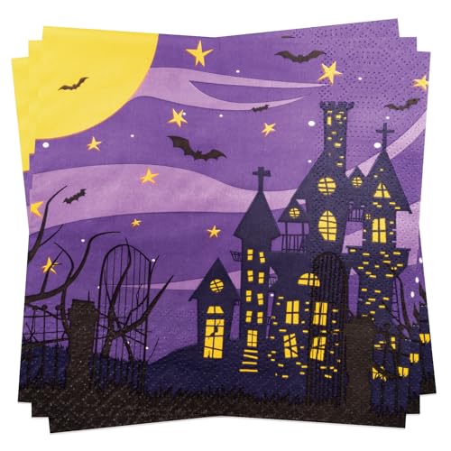 Halloween Spukhaus Servietten 50 Stück Lila Papierservietten 33 x 33 cm Partyservietten, 3-lagig Papier von BFB