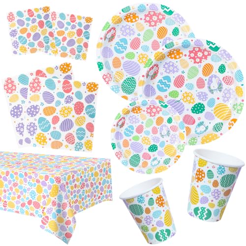 Pappteller Set Ostern Papierservietten Partyteller 81 Stück Ostereier Papierteller Dessertteller Servietten Pappbecher Tischdecken Partygeschirr Set Osterdeko Tischdeko für Ostern von BFB