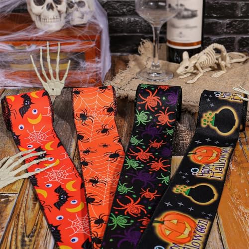 Halloween-Band mit Draht, 6,3 cm, bedrucktes Spinnennetz-Kürbis-Muster, Jutebänder für Bastelschleifen und Geschenkverpackungen, 4 Rollen x 4,5 m von BFYDOAA