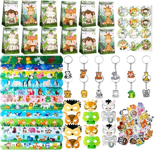 98 Stück Safari Party Mitgebsel Set, Jungle Animal Schlüsselanhänger Schnapparmband Aufkleber Geschenktüten Masken, Dschungel Party Supplies, Tiere Party Zubehör für Kindergeburtstag Party Favors von BGNXHYB