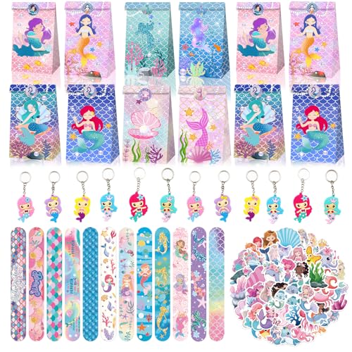 BGNXHYB 86Pcs Meerjungfrau Party Mitgebsel Set, Mermaid Geschenktüten Schlüsselanhänger Schnapparmband Aufkleber, Kindergeburtstag Give Aways, Geburtstag Deko für Mädchen Jungen Party Gastgeschenke von BGNXHYB