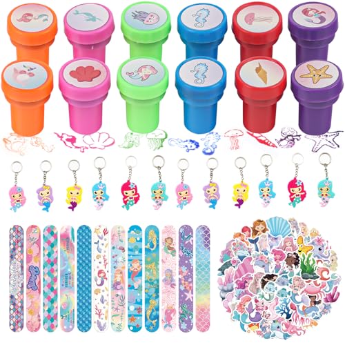 BGNXHYB 86Pcs Meerjungfrau Party Mitgebsel Set, Mermaid Stempel Schlüsselanhänger Schnapparmband Aufkleber, Kindergeburtstag Give Aways, Geburtstag Deko für Mädchen Jungen Party Gastgeschenke von BGNXHYB