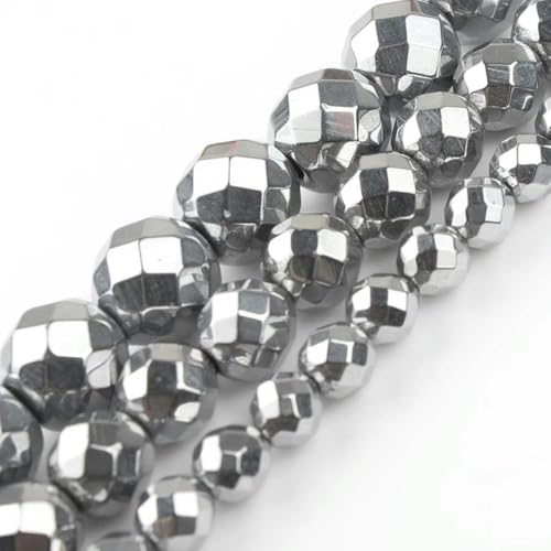 Schwarze Stein-Abstandsperlen, rund, lose, für die Herstellung von DIY-Schmuck, Armbandzubehör, 2, 3, 4, 6, 8, 10, 12 mm, facettiertes Silber, 6 mm, ca. 61 Stück von BGPFJK