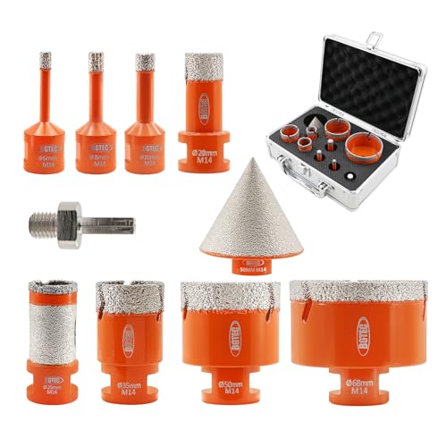 BGTEC Diamant Fliesenbohrer Set - 10 Stück (6/8/10/20/35/50/68mm+25mm Fräsbohrer +50mm Senkbohrer+Adapter) mit M14 Gewinde zum Bohren von Porzellan,Keramik,Fliesen von BGTEC