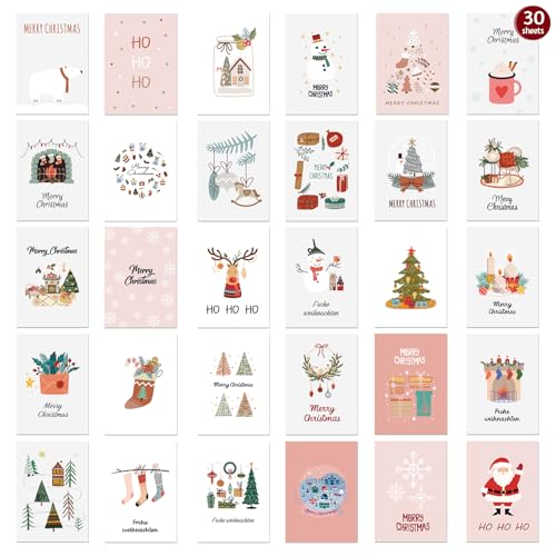 Weihnachtskarten mit Umschlag Set, 30 Stück A6 Klappkarten Weihnachtsgrußkarten, Weihnachtspostkarten, Christmas Cards, Verschiedene Designs für Die Familie Schönsten Weihnachtsgrüße von BGTLJKD