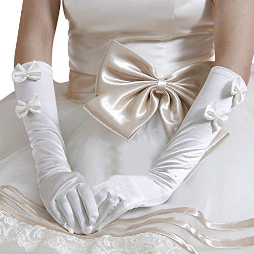 BHFYOB 1 Paar lange Handschuhe für Damen, Brautschmuck, Schnee, Hochzeit, doppelte Schleife, Kunstperlen-Dekor von BHFYOB