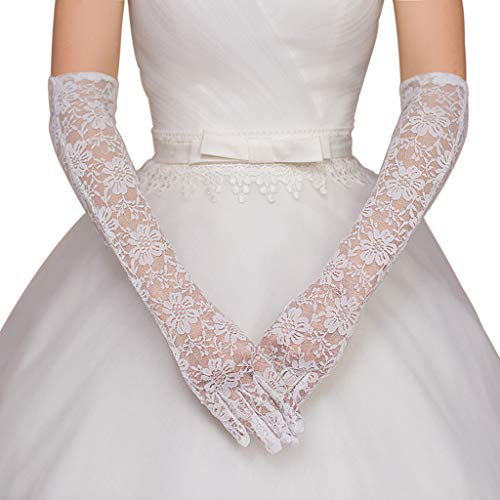 BHFYOB Damen-Brauthandschuhe, Ellenbogenlänge, volle Finger, Schnee, Blumenmuster, Spitze, Fäustlinge, Hochzeitskleid, Kostüm, Zubehör, Abschlussball, Party von BHFYOB