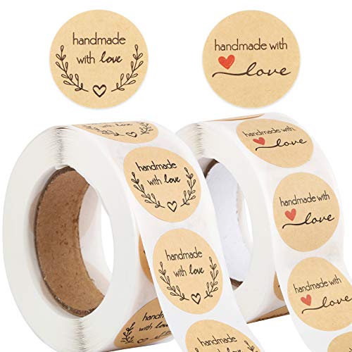 1000 STK (2.5cm pro Stück) Handmade with Love Aufkleber Sticker Kraft Selbstgemacht mit Liebe Aufkleber Etiketten Rund Selbstklebend Geschenkaufkleber Geschenksticker Weihnachten in 2 Rollen von BHGT