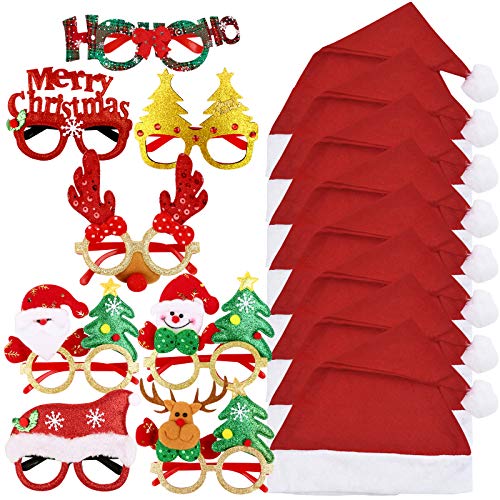 16 Stk Weihnachten Accessoires 8 Stück Weihnachten Brille Lustig Weihnachtsbrillen 8 Stück Weihnachtsmützen Weihnachtsmann Santa Mützen Nikolausmütze für Weihnachten Party Dekoration von BHGT