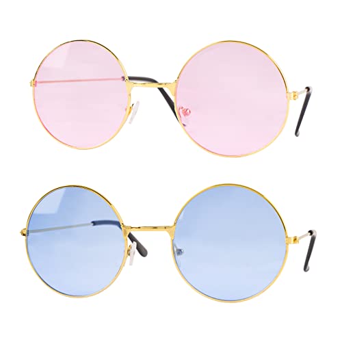 2 Paar Hippie Brille Brille Rund Retro Partybrille Kostüm Brille 60er 70er Jahre Vintage für Herren Damen Foto Requisiten Fasching JGA Karneval Tanz Urlaub Sommer Party (Rosa Blau) von BHGT