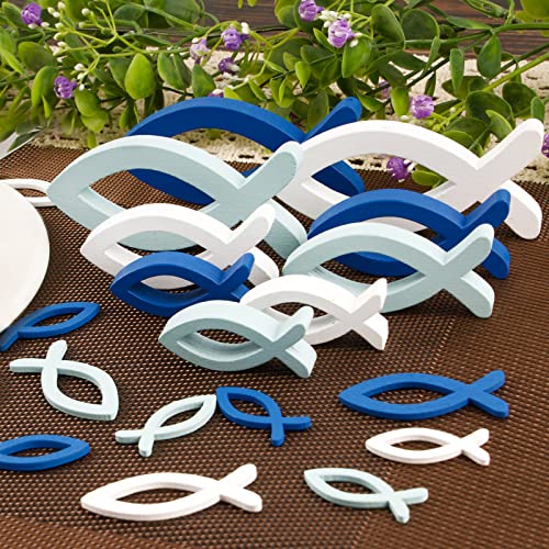 45 Pcs Fische Deko- 9 Stück Holzfische Deko Taufe Deko 36 Pcs Streudeko Tischdeko Taufedeko Junge Mädchen Taufe Kommunion Konfirmation Deko Weiß Blau Hellblau (Bunt-A) von BHGT