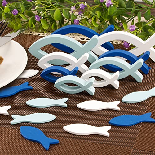 45 Pcs Fische Deko- 9 Stück Holzfische Deko Taufe Deko 36 Pcs Streudeko Tischdeko Taufedeko Junge Mädchen Taufe Kommunion Konfirmation Deko Weiß Blau Hellblau (Bunt-B) von BHGT