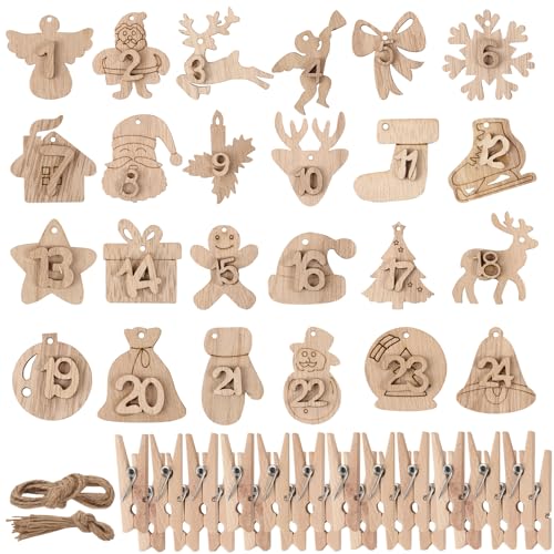 BHGT 1-24 Adventskalender Zahlen Holz mit 24 Stück Holzklammern Juteschnur Holzzahlen Anhänger Weihnachtsdeko DIY Deko für Weihnachtsbaum Adventskalender zum Basteln (Stil D) von BHGT