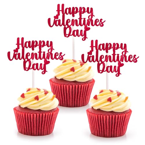 BHGT 30 Stücke Valentinstag Deko Cake Topper Valentinstag Tortentopper Valentinstag Papier Torten Topper Cupcake Kuchen Topper Deko Party Deko Geschenk Happy Valentine's Day von BHGT