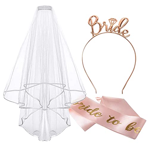 Bride to Be Schärpe und Schleier, Frauen Junggesellinnenabschied Accessoires Weiß Braut JGA Rosegold Stirnband Tiara, Hochzeit Fotorequisiten Spiele Zubehör für Bachelorette Party von BHGWR