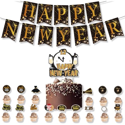 17 Stück Happy New Year Dekorationen 2025, Schwarz und Gold Happy New Year Banner Schwarz Gold 2025 Cupcake Topper für 2025 Silvester Kuchen Dekorationen Willkommen 2025 Party Supplies von BHNACIER