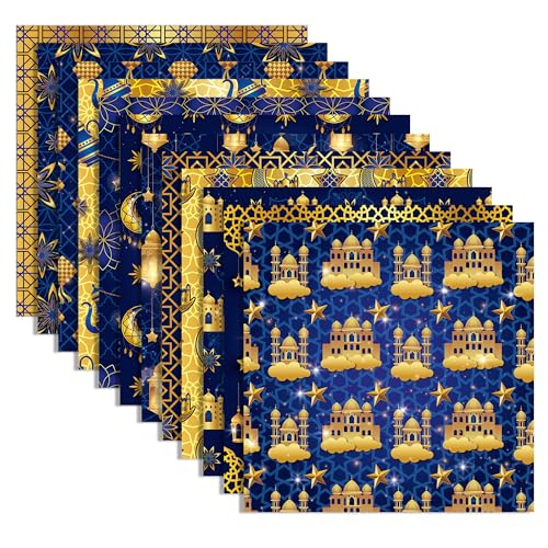 24 Blatt Ramadan-Muster Papier 30,5 x 30,5 cm Eid Mubarak Scrapbook Papierblock doppelseitig Mond Stern Laternen Moscheen Eid gemustert dekoratives Bastelpapier Blau Gold strukturiertes muslimisches von BHNACIER