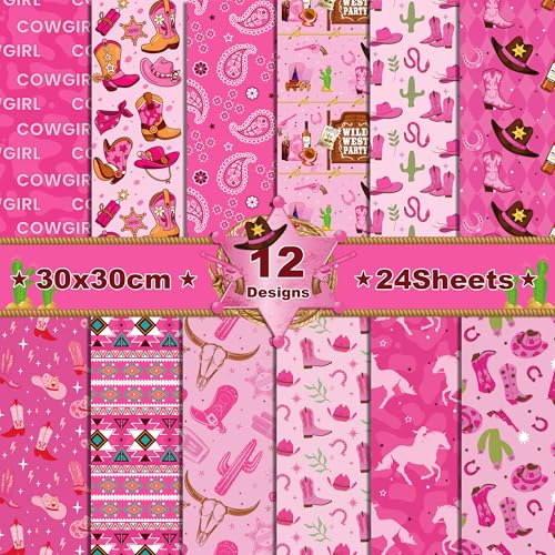 24 Blatt Western Cowgirl Muster Papier 30,5 x 30,5 cm Western Cowgirl Scrapbook Papierblock Hot Pink Cowboy Hut Stiefel Kaktus Scrapbook Papier Doppelseitiges Bastelpapier Wilder Westen Cowgirl Muster von BHNACIER