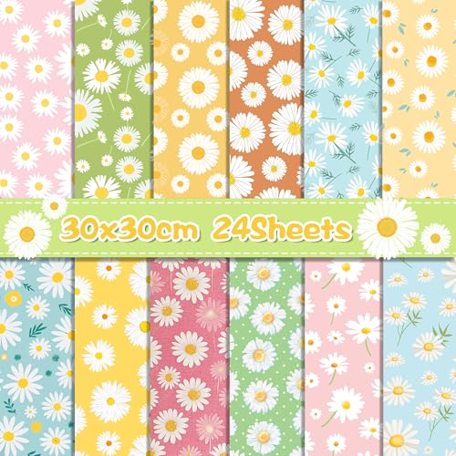 Daisy Scrapbook Papier - 24 Blatt Gänseblümchen-Muster Papier mit 12 einzigartigen Designs 30,5 x 30,5 cm Frühlings-weißes Blumenmuster doppelseitiges dekoratives Bastelpapier für DIY Hintergrund von BHNACIER