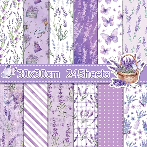 Lavendel-Scrapbook-Papier – 24 Blatt violettes Lavendel-Schmetterlings-Blumenmuster Papier mit 12 einzigartigen Designs, 30,5 x 30,5 cm, Aquarell-Blumenmuster, doppelseitiges Scrapbook-Papier für von BHNACIER