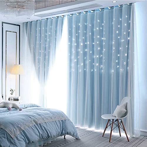 Kinder Sterne Verdunkelungsvorhänge für Mädchen Jungen Schlafzimmer Wohnzimmer Fenster Drape Solid Blue Star Cutout Vorhänge Tüll-Overlay Vorhang Doppellagige Ausschnitte Vorhänge 2 Panels, 132x244 cm von BHUSB