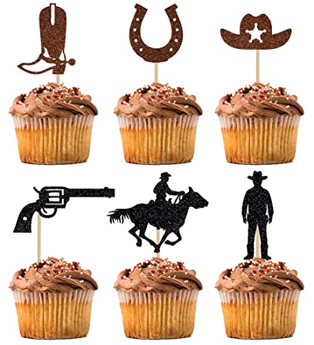 BIABISD 12 Stück Cowboy-Cupcake-Topper Glitzer Hufeisen Cowboy Hüte Stiefel Gun Cowboy Cupcake Picks Western Thema Geburtstag Party Kuchen Dekorationen Zubehör von BIABISD